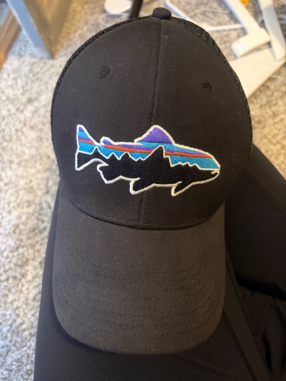 Patagonia Black Hat with Colorful Fish Embroidered Patch